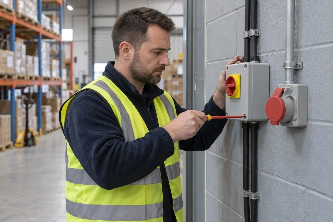 Electrician servicing an industrial isolator switch beside pallet racking in a warehouse