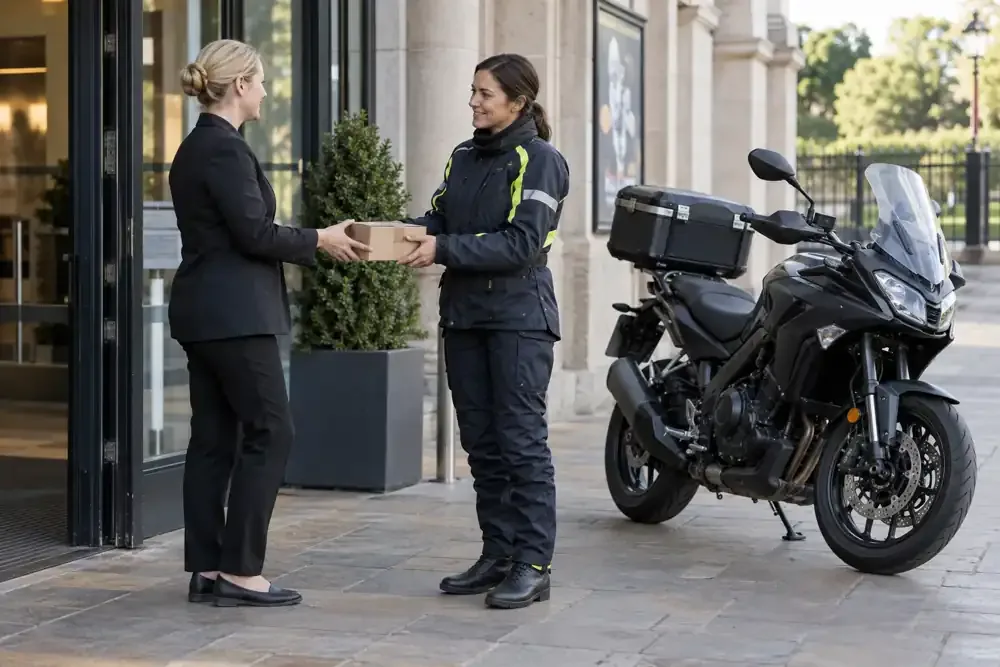 a motorcycle courier preparing or handing over a suitable consignment