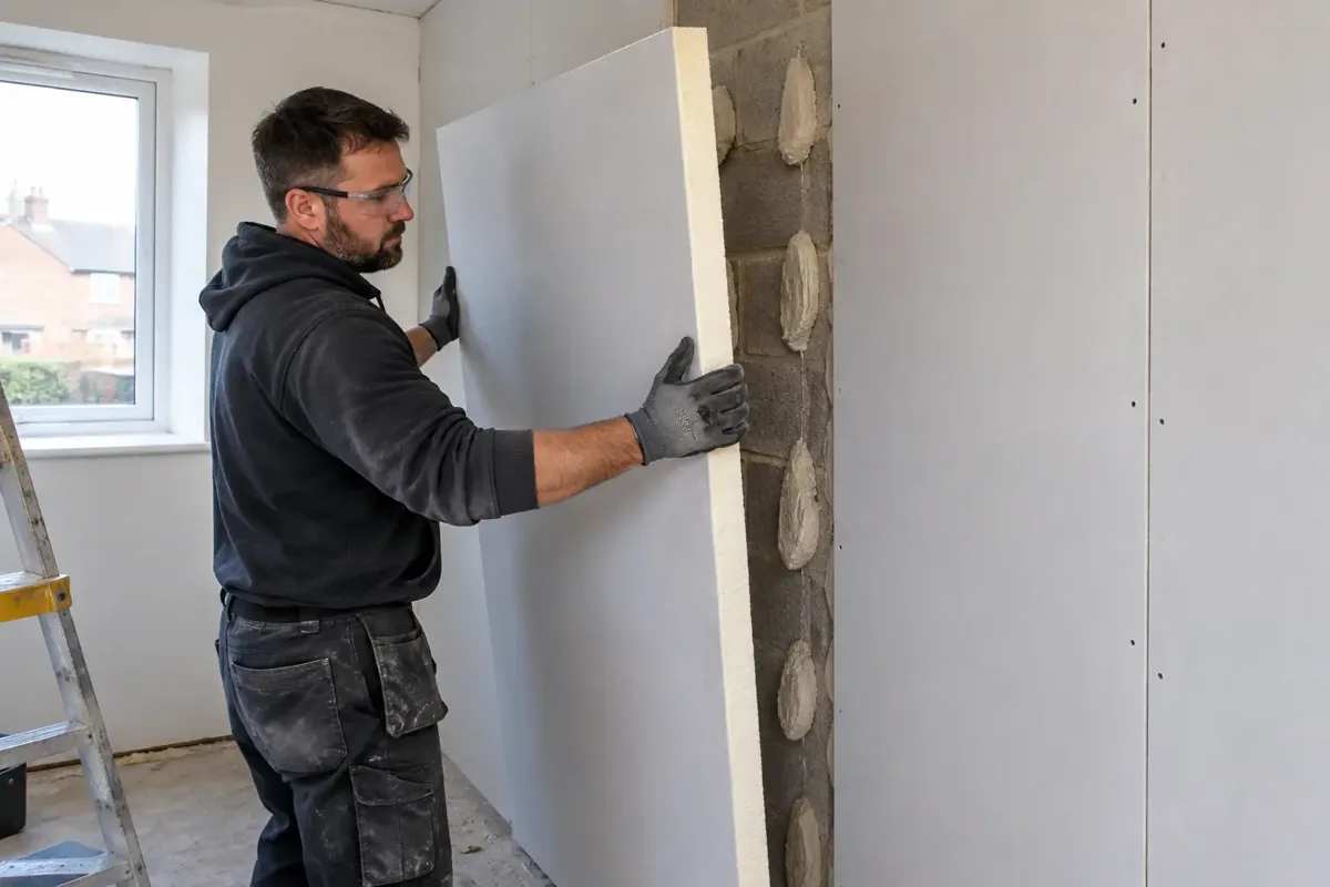 A contractor fitting an insulated plasterboard lining panel against a masonry interior wall; the cut edge clearly shows a white gypsum face bonded to a thick rigid foam insulation backing, adhesive dabs and adjacent fitted panels visible, gloves, safety glasses, no cutting dust.