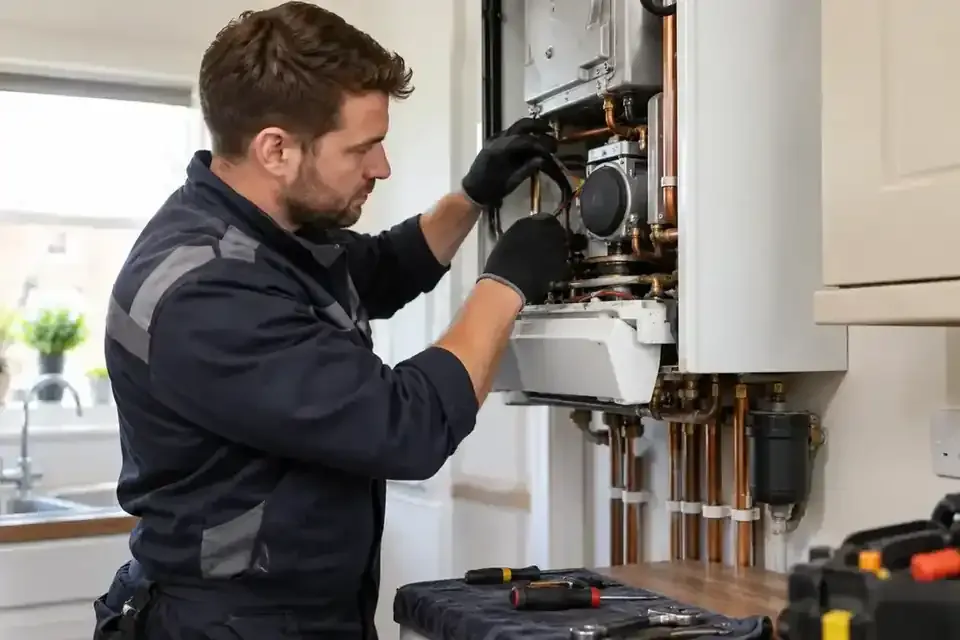 Heating engineer repairs an open domestic boiler; registration is not inferred from the image.