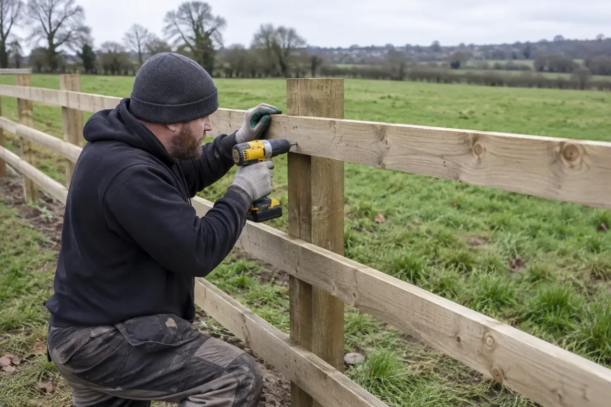 Fence installer in gloves fixing a sturdy horizontal timber rail to a square timber post on a rural field boundary, three-rail agricultural fence extending across grass pasture, cordless drill.
