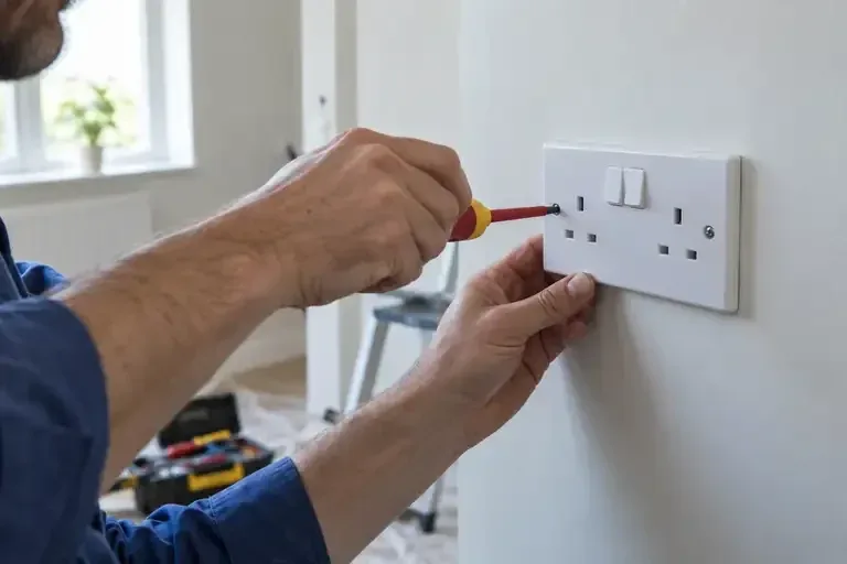 Close-up of an electrician replacing a double wall socket