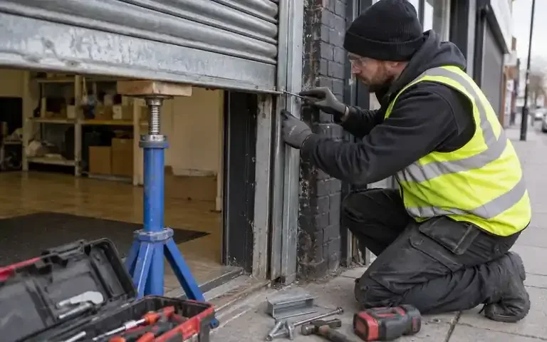 Engineer checking the side guide of a supported shop shutter
