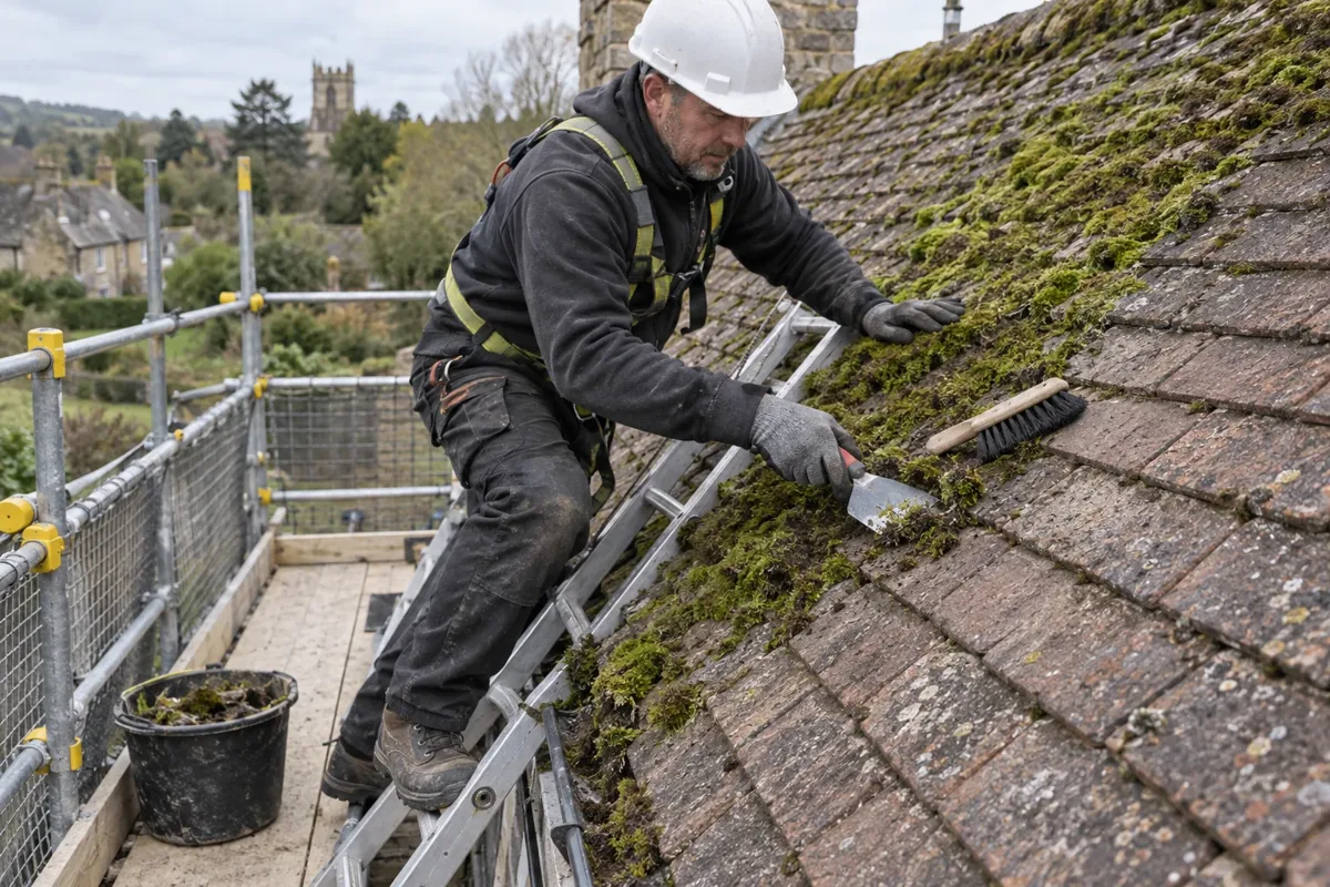 Roofer removing moss from roof tiles with a hand scraper and brush