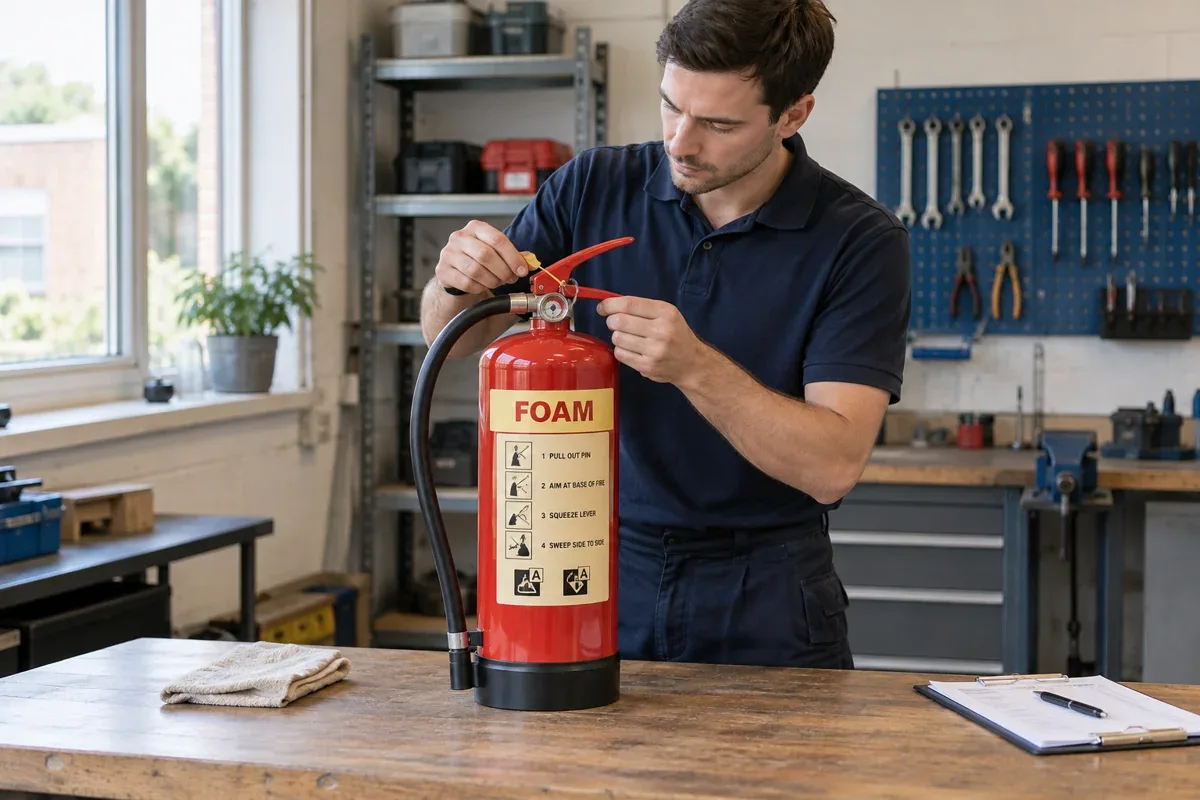 AI-generated illustration: Technician checking the safety pin and seal of a foam extinguisher on a workbench.