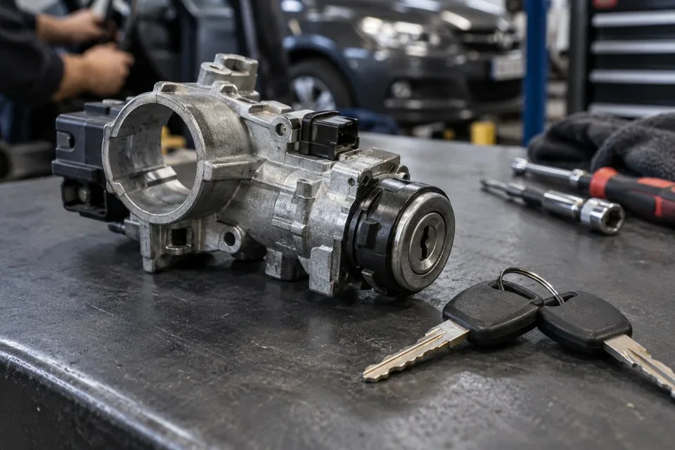 Replacement automotive ignition barrel assembly on a workbench