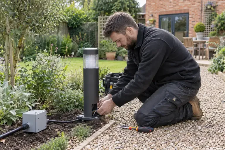 Garden lighting installation: a professional electrician assessing or carrying out the electrical work.