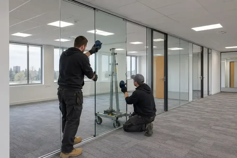 Two installers positioning full-height glass office partitions