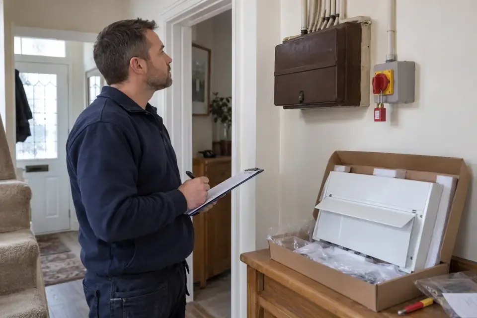 Electrician assessing an older fuse box with a replacement metal consumer unit ready nearby.