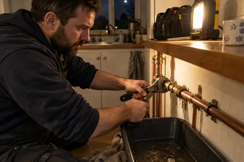 Plumber tightening a pipe coupling during an overnight repair.