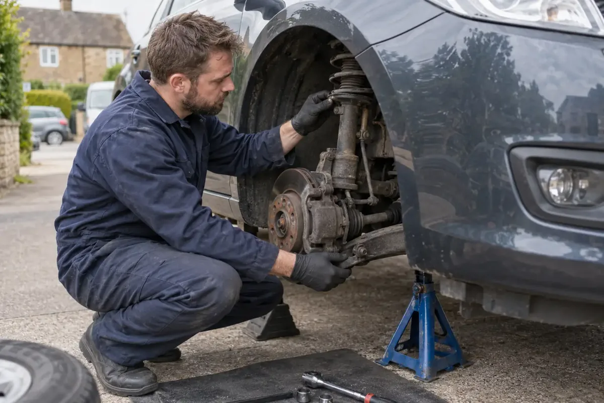 Mechanic checking front suspension with the car safely supported