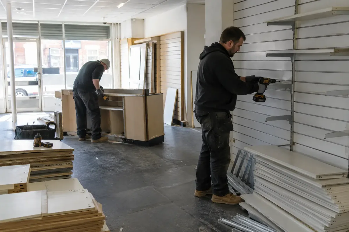Workers dismantling shop display wall fixtures and a counter before refurbishment.