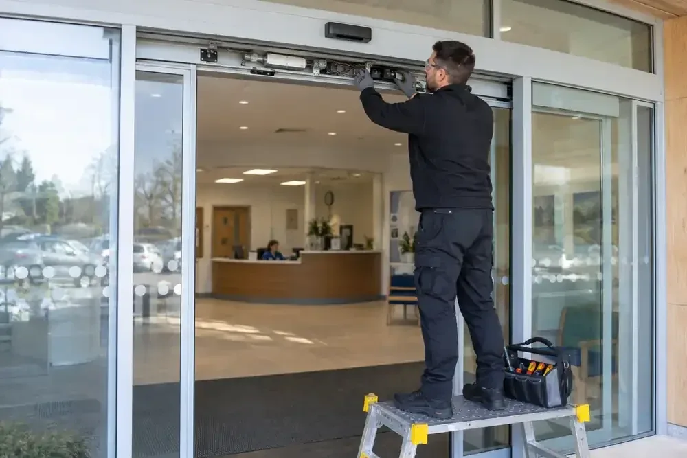 Technician servicing the overhead mechanism of automatic sliding doors