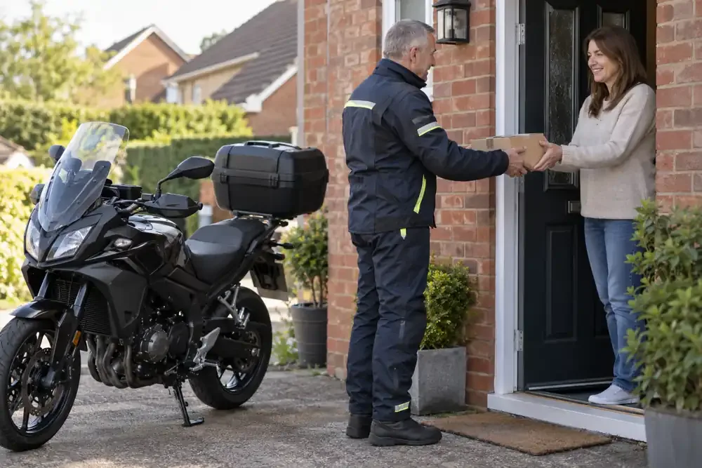 a motorcycle courier preparing or handing over a suitable consignment