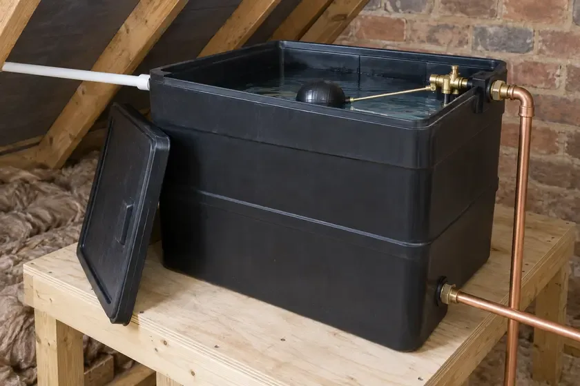 New cold-water storage tank installed in a loft with its float valve visible.