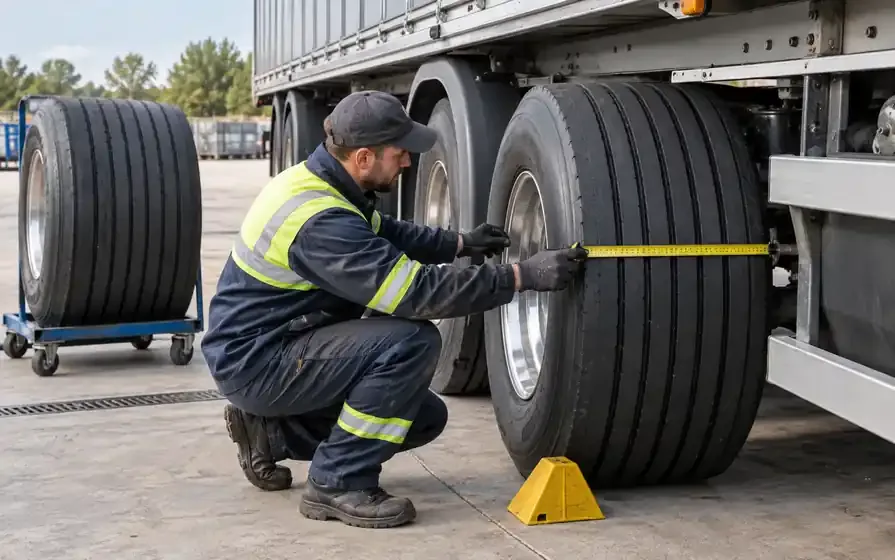 Technician inspecting an extra-wide super-single commercial tyre.