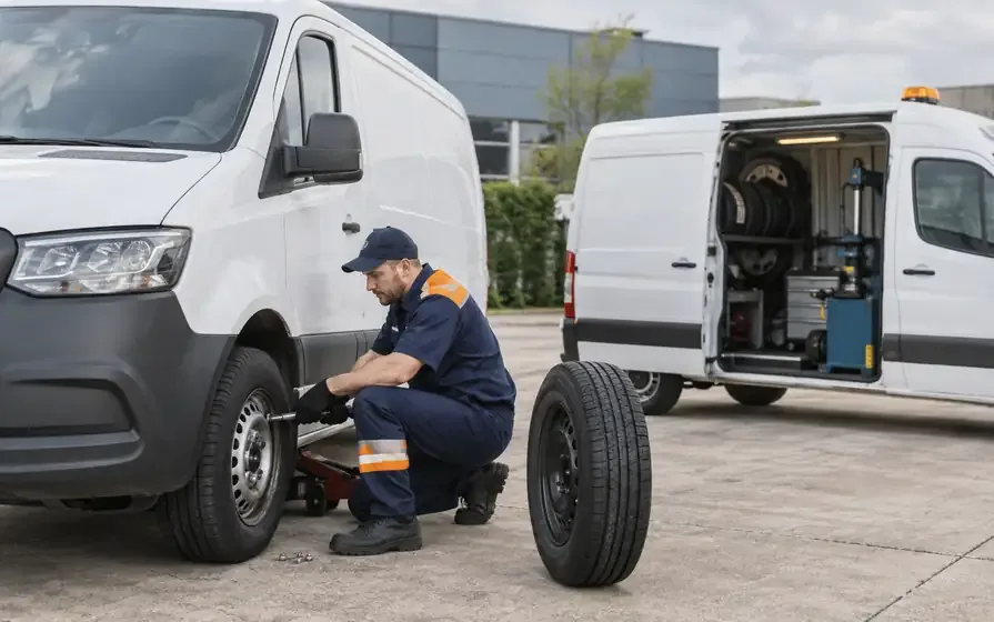 Technician fitting a wheel to a white panel van on a level forecourt