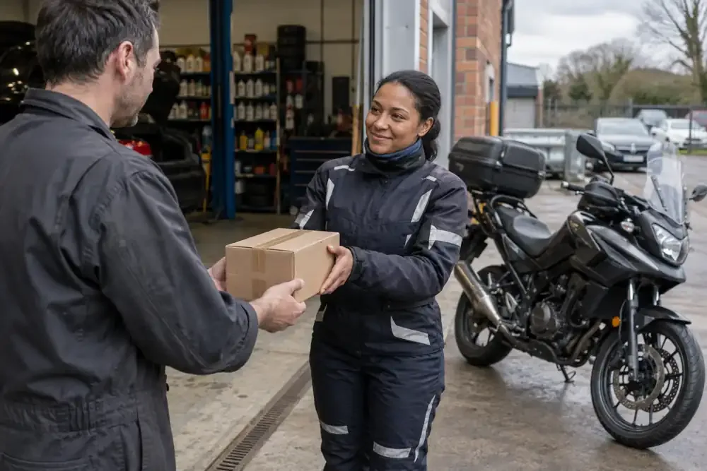 a motorcycle courier preparing or handing over a suitable consignment