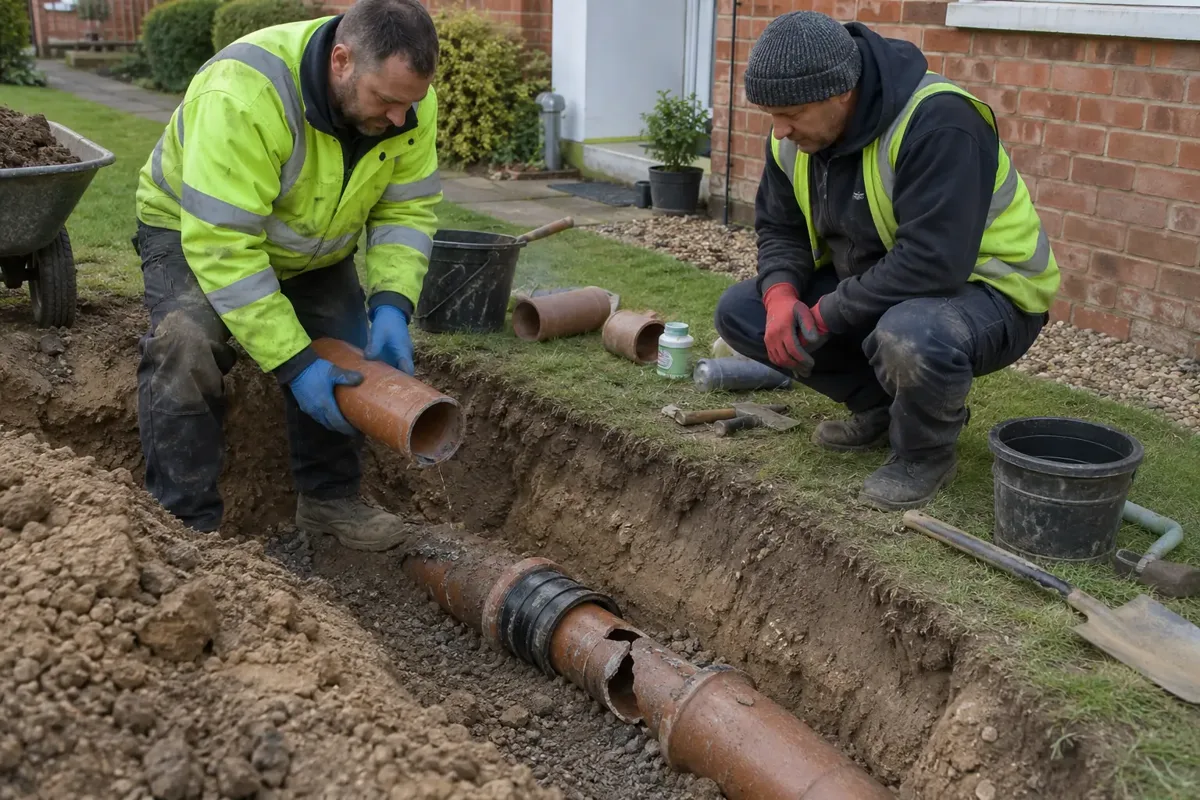 Drainage crew inspecting and replacing a visibly broken clay sewer pipe exposed in a shallow, safely battered excavation outside a British house; pipe sections, joining coupler and hand tools clearly visible, PPE, workers outside trench.