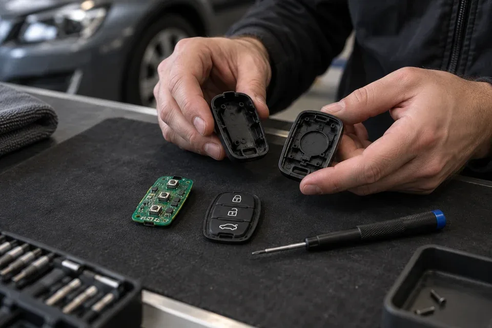 Disassembled car key fob and precision repair tools on a workbench