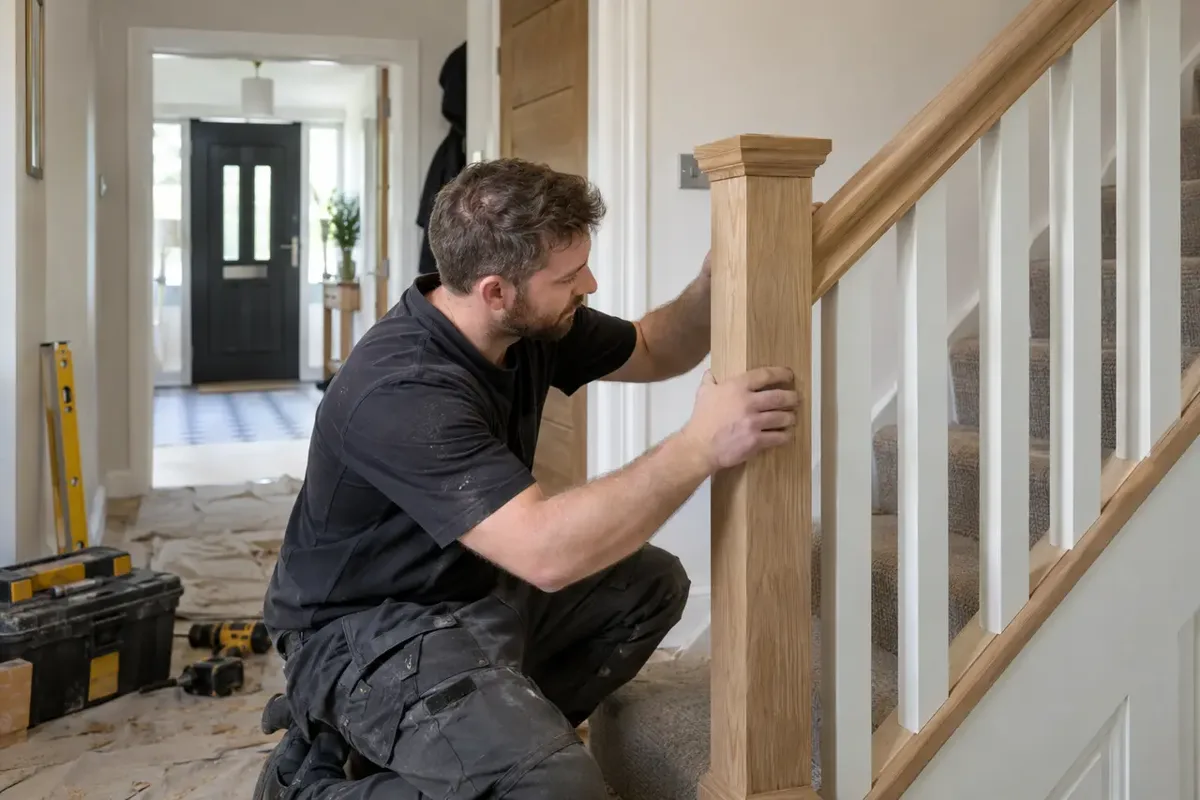 Carpenter working on an oak staircase