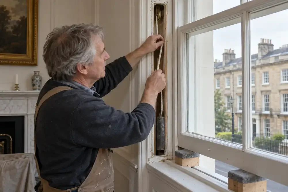Carpenter repairing a sash cord on a traditional timber window