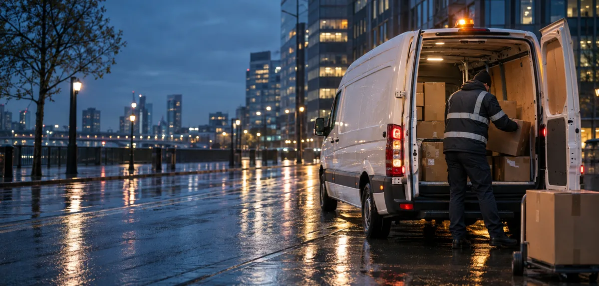 Original AI-generated scene of an unbranded emergency courier van loading parcels