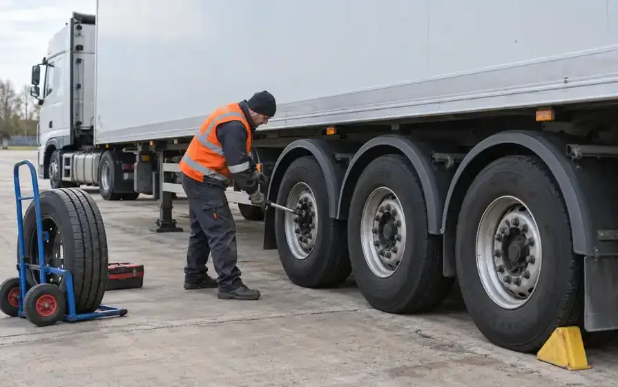 Technician fitting a tyre on the rear axle group of a box semitrailer.