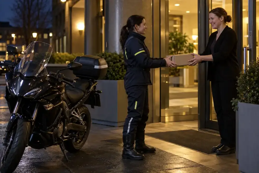 a motorcycle courier preparing or handing over a suitable consignment