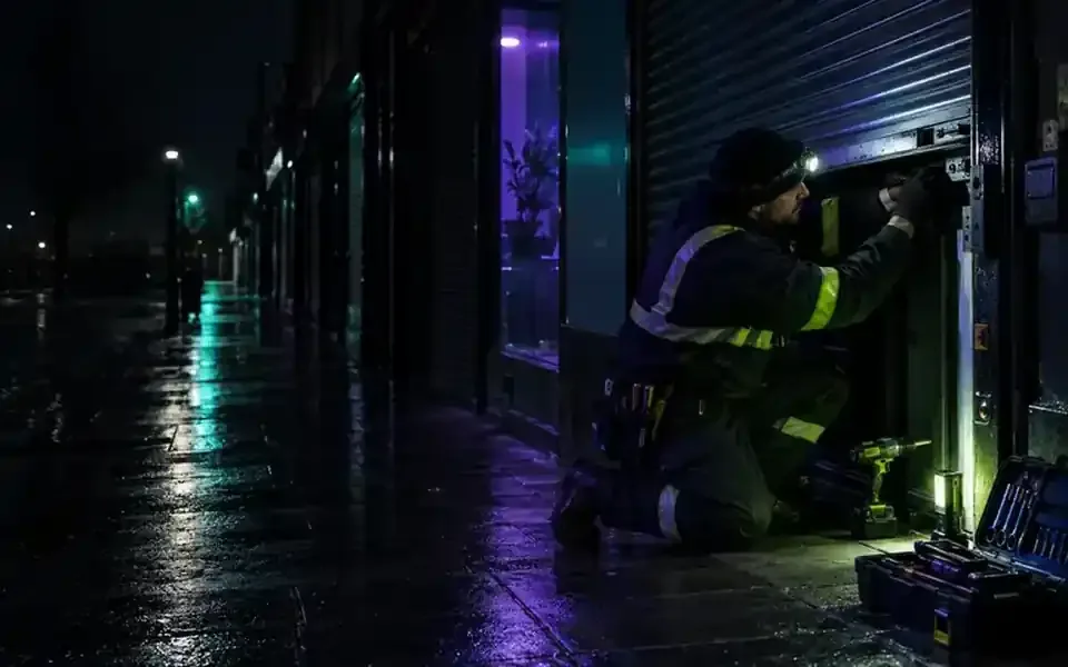 Technician attends a shutter fault during a night call-out.
