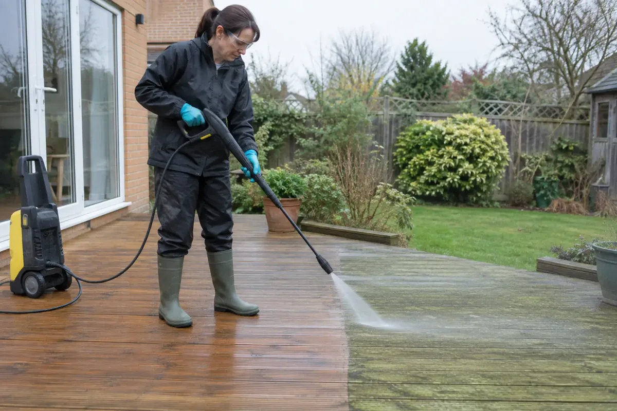 A cleaner using a pressure-washing lance with a broad gentle fan pattern to clean green algae from wooden garden decking, clean and dirty deck boards contrast clearly, nozzle held at a safe distance, gloves, eye protection and waterproof boots.
