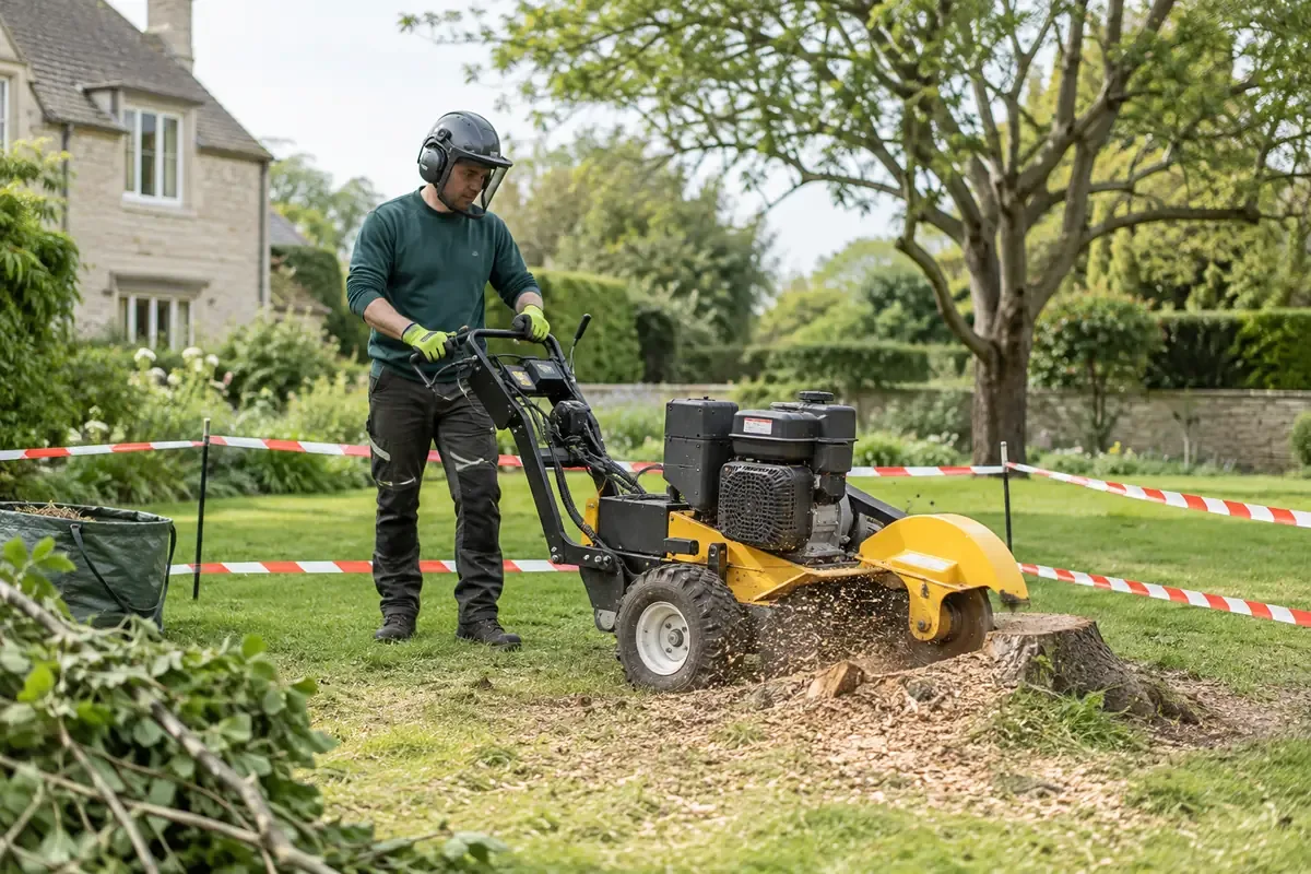 Safe stump grinding in a spacious garden