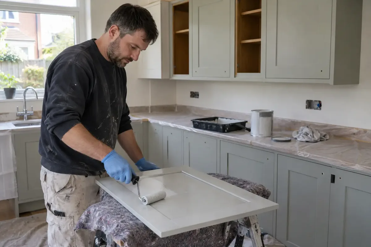 A decorator carefully painting a kitchen cabinet door with a small foam roller on stable padded trestles, adjacent installed kitchen cupboards partly refinished, handles removed, fine smooth paint coating, gloves and protected worktop.