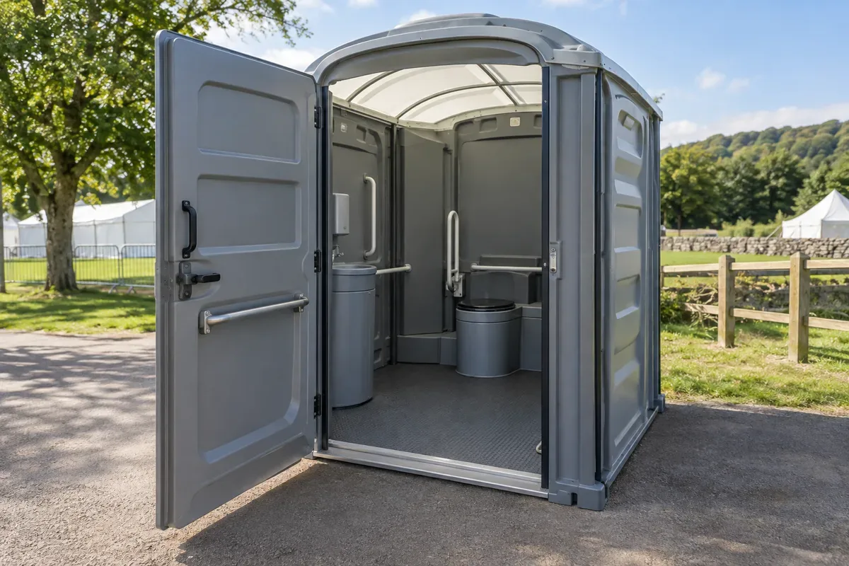 Illustration of a wide accessible portable toilet with open door and support rails