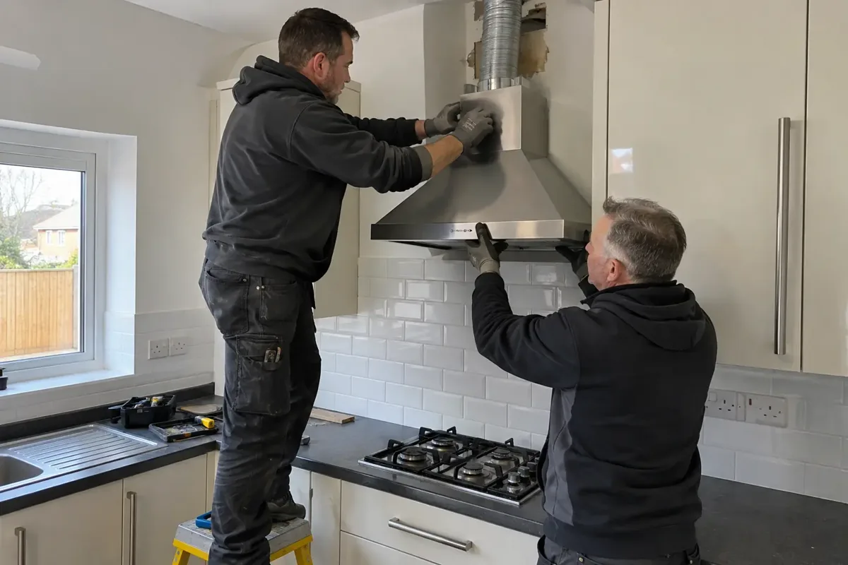 Two kitchen fitters installing a stainless steel cooker extractor hood beneath visible ducting above a hob, with one standing on a low platform.