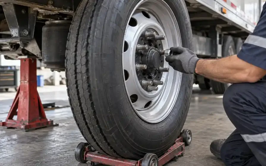 Technician hand-threads a wheel nut onto a trailer wheel supported on a roller dolly.