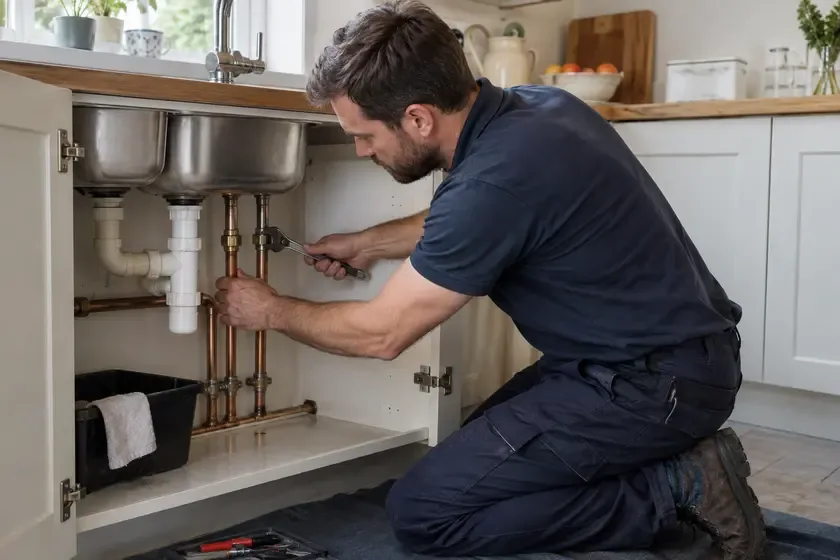 Domestic plumber servicing copper pipes beneath a kitchen sink.