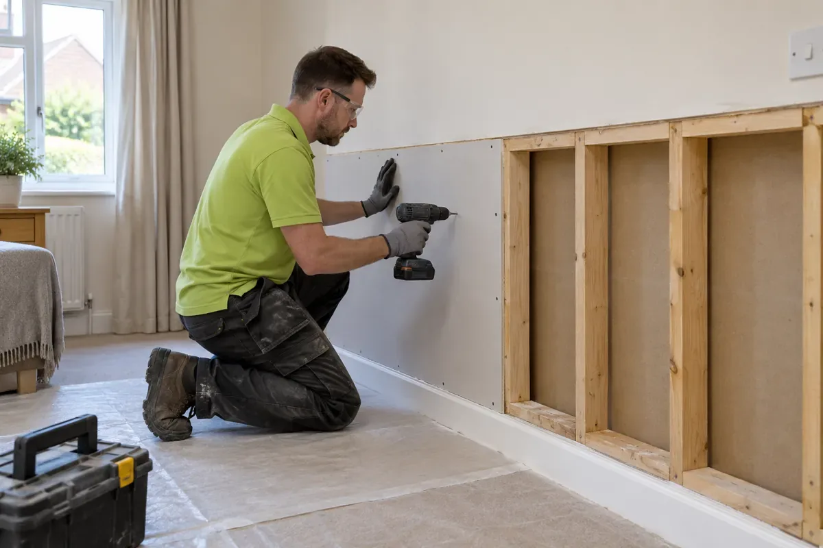 Restoration worker fitting replacement lower wall plasterboard after drying