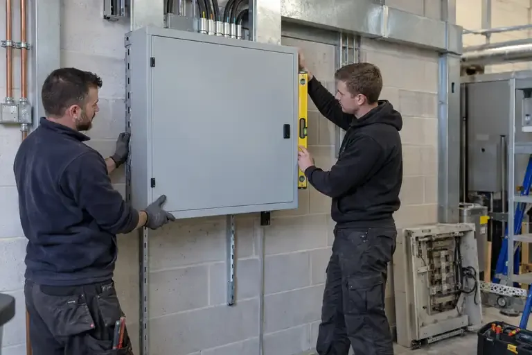 Distribution board replacement: a professional electrician assessing or carrying out the electrical work.