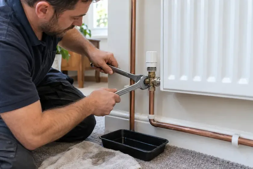 Plumber repairing a central heating joint beside a radiator.