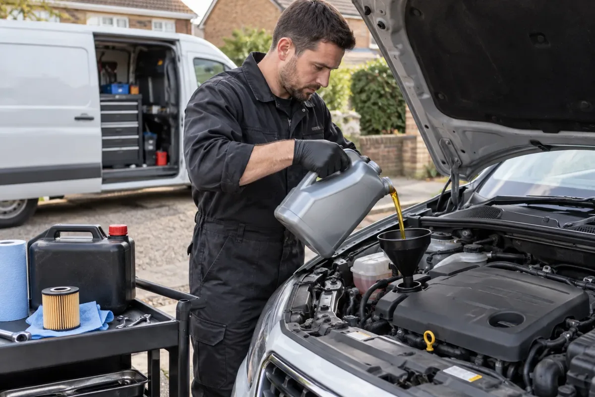 Mechanic adding the specified engine oil during mobile vehicle servicing