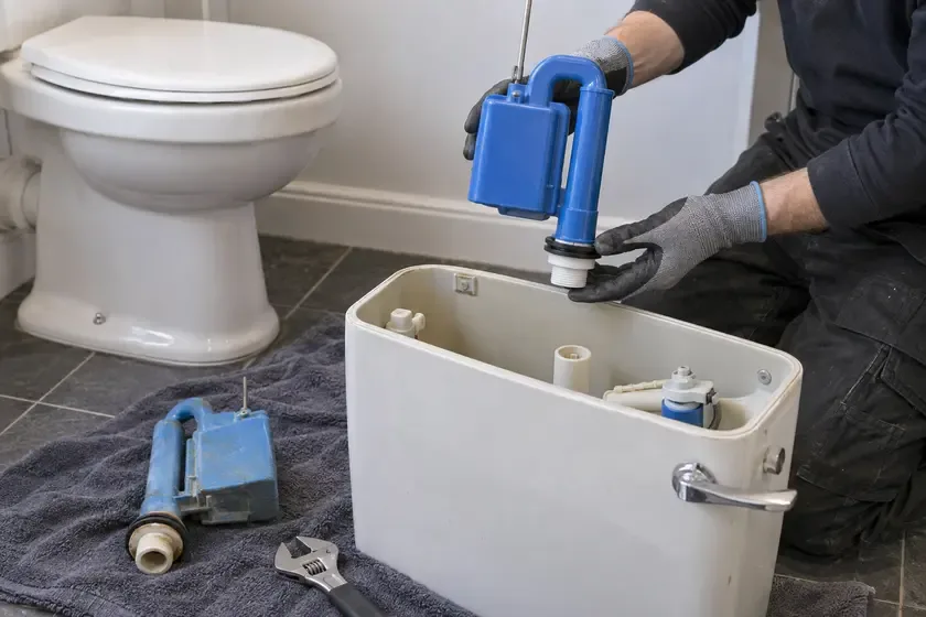 Plumber preparing a replacement toilet syphon beside a detached cistern.