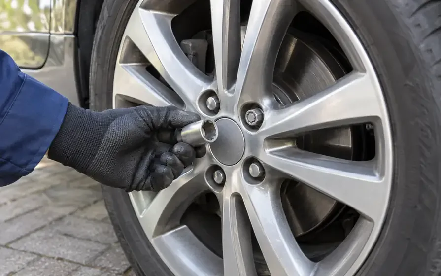 Gloved hand holding a locking wheel nut key beside an alloy wheel