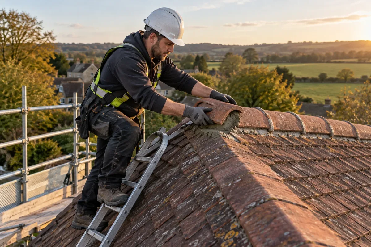 Roofer refixing a ridge tile at the apex of a pitched roof