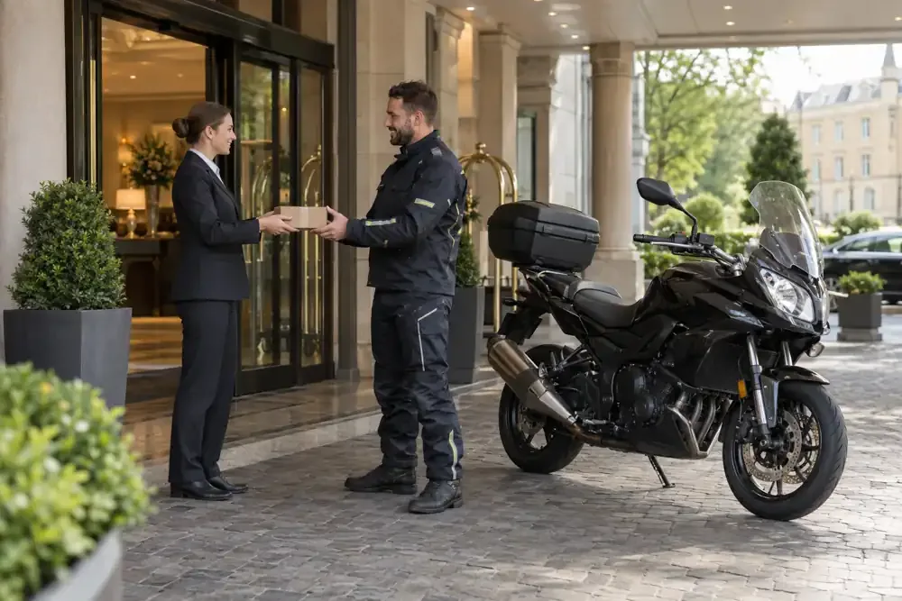 a motorcycle courier preparing or handing over a suitable consignment