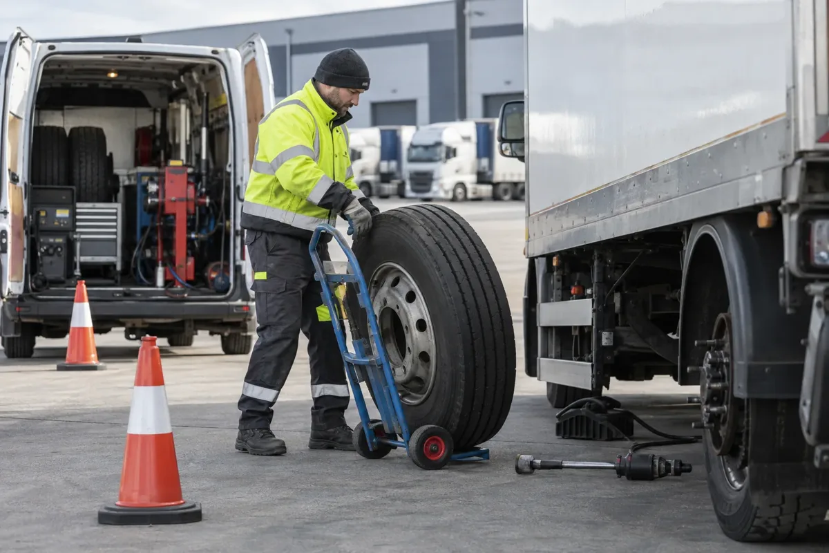 Technician handling a commercial truck tyre with a wheel dolly