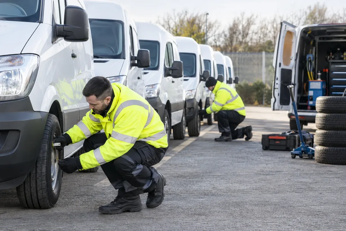 Two technicians inspecting tyres on delivery vans at a fleet depot