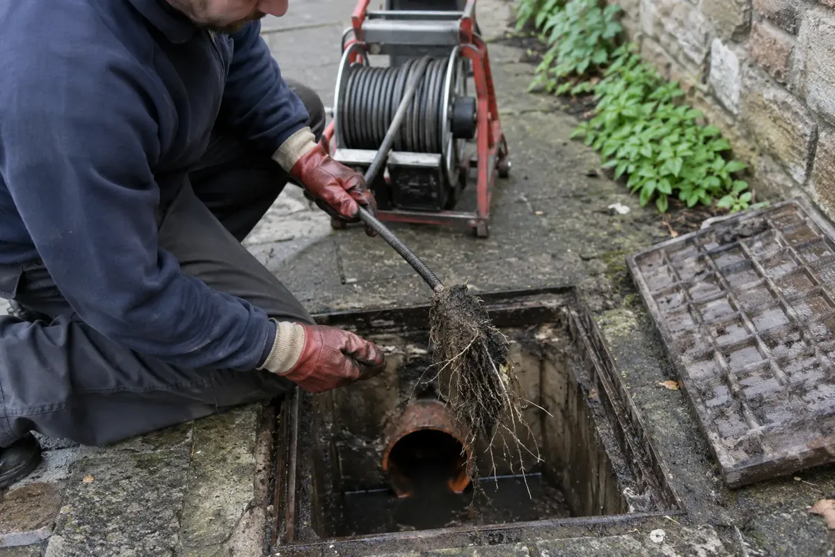 Root removal from drains — Drain technician in gloves beside an open outdoor drain access, withdrawing a drain-clearing cable with a small tangled mass of roots from the pipe; visible roots, cable machine and pipe opening.